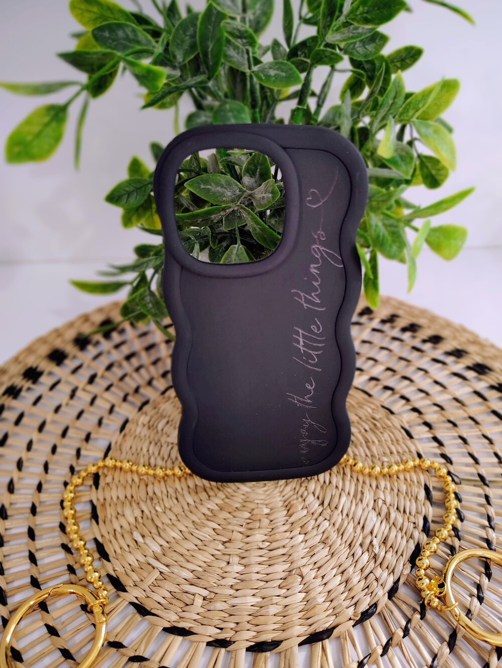 Black Wavy Silicone IPhone 15 Pro Case with Script "Enjoy The Little Things"
